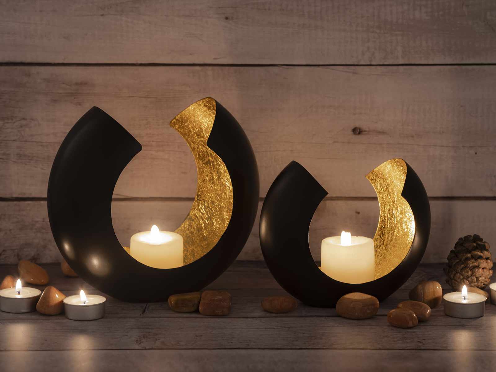 2-teilig | Teelichthalter Casamia schwarz Omega vergoldet innen matt Wohnen Kerzenhalter Kerzenständer Set