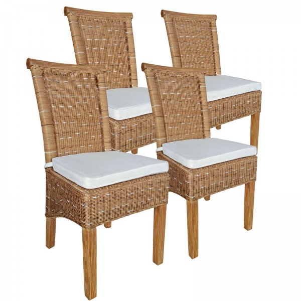 Esszimmer Stuhle Set Rattanstuhle Perth 4 Stuck Braun Sitzkissen Leinen Weiss Casamia Wohnen