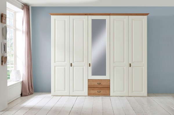 Kleiderschrank mit 2 Schubladen Dreams 3/5-türig, Höhe 228 cm mit Holz- und  Spiegeltüren aus Pinie Nordica massiv | Casamia Wohnen