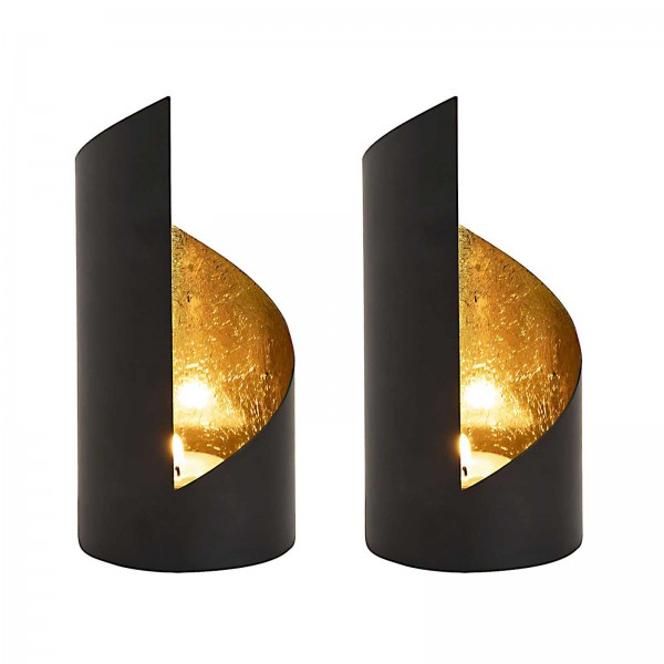 Kerzenhalter Set 2-teilig Teelichthalter Kevin zylindrisch schwarz matt  innen vergoldet | Casamia Wohnen