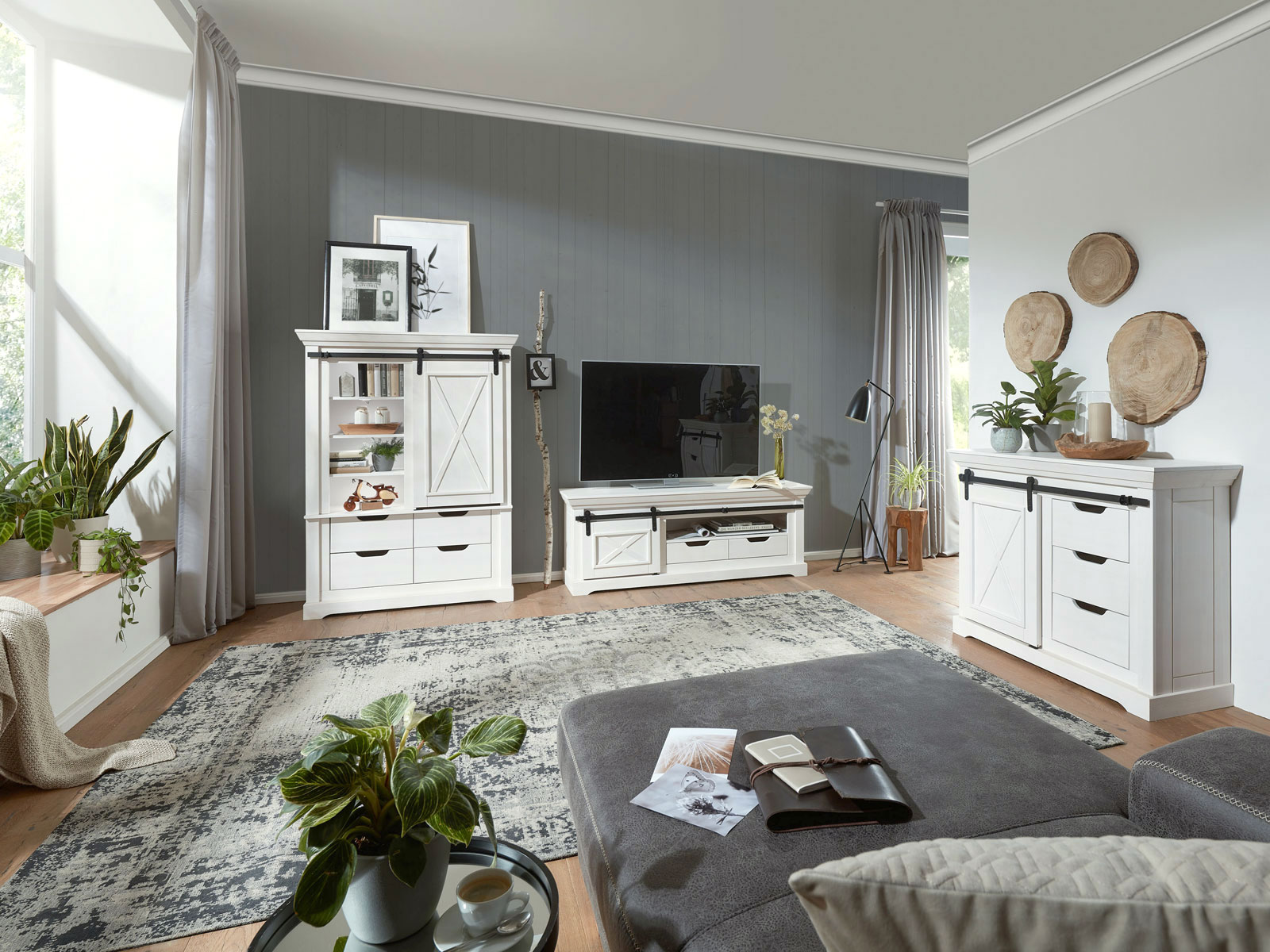 Wohnzimmer Schränke weiß 3tlg Wohnwand 370x178cm | Pinie Casamia Wohnen Nordica Bergamo