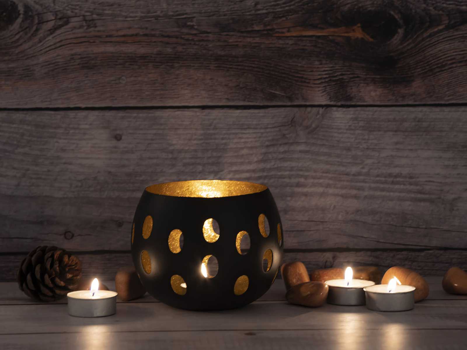 Kugelform vergoldet Kerzenhalter 2-teilig Florina innen | Casamia schwarz matt Wohnen Teelichthalter Set