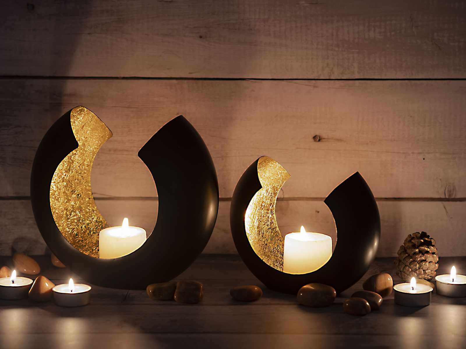 | innen Kerzenständer matt vergoldet Set 2-teilig schwarz Teelichthalter Omega Casamia Kerzenhalter Wohnen